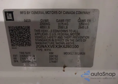 2019 Chevrolet Equinox Lt z USA, uszkodzony, nr VIN 2GNAXVEX3K6280100